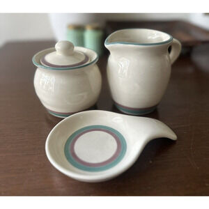 PFALTZGRAFF Juniper Creamer Sugar Bowl Spoon Rest‎ Green Mauve Stripe Vintage